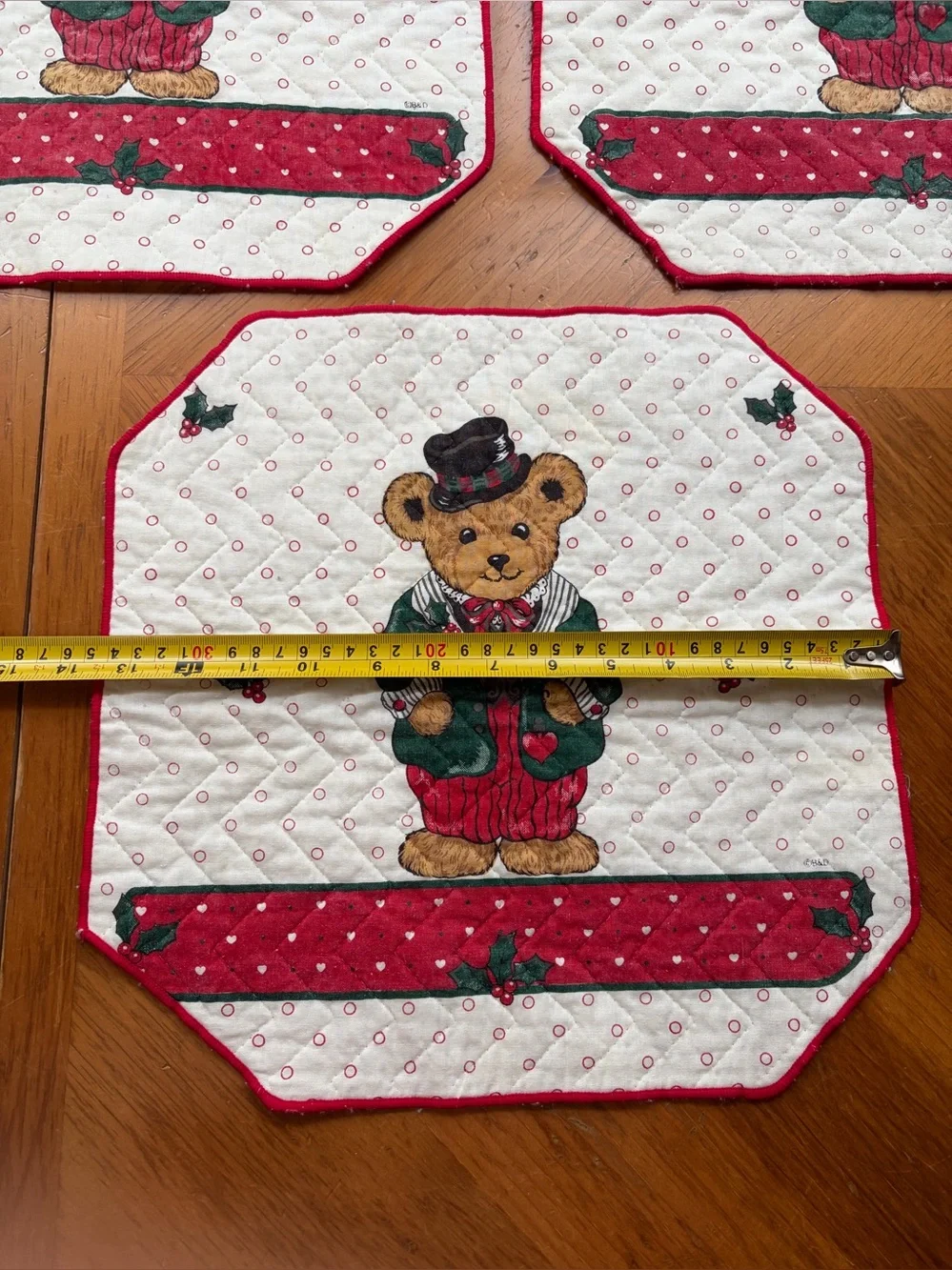 Holiday Bear Quilted Placemats - Red, Green & White set 3 pc